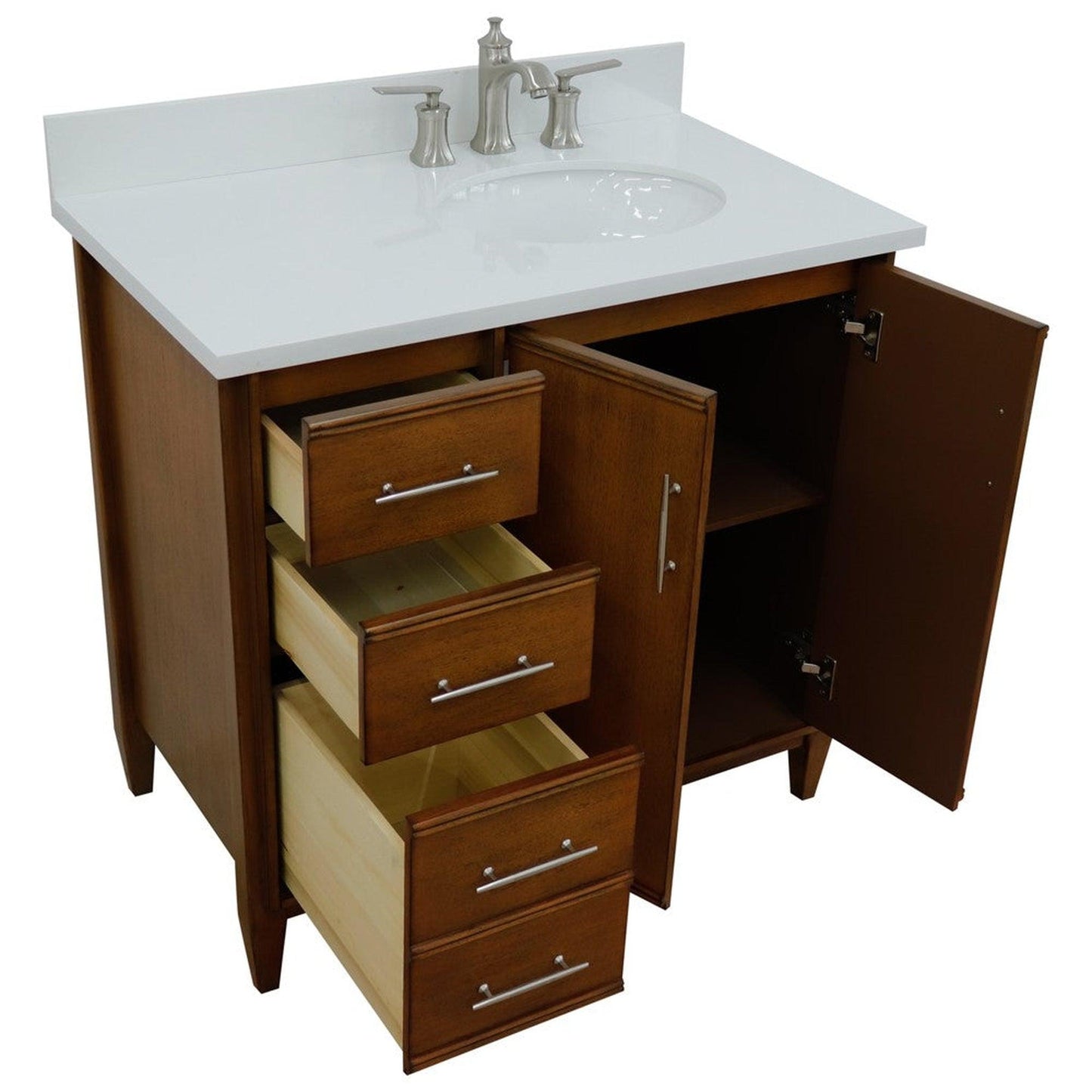 Bellaterra Home MCM 37" 2-Door 3-Drawer Walnut Freestanding Vanity Set With Ceramic Right Undermount Oval Sink and White Quartz Top, and Right Door Cabinet