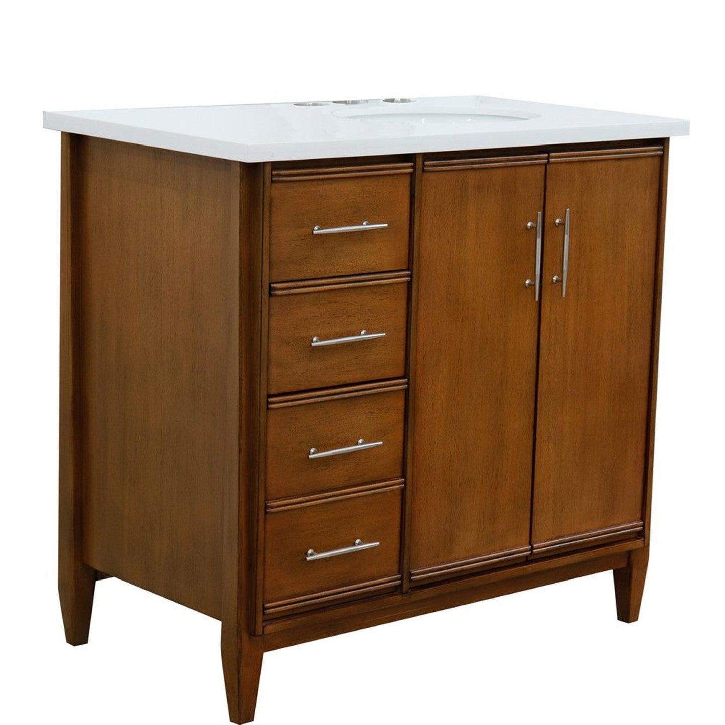 Bellaterra Home MCM 37" 2-Door 3-Drawer Walnut Freestanding Vanity Set With Ceramic Right Undermount Oval Sink and White Quartz Top, and Right Door Cabinet