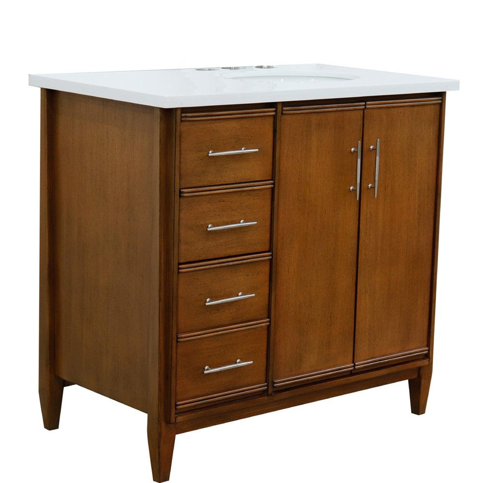 Bellaterra Home MCM 37" 2-Door 3-Drawer Walnut Freestanding Vanity Set With Ceramic Right Undermount Oval Sink and White Quartz Top, and Right Door Cabinet