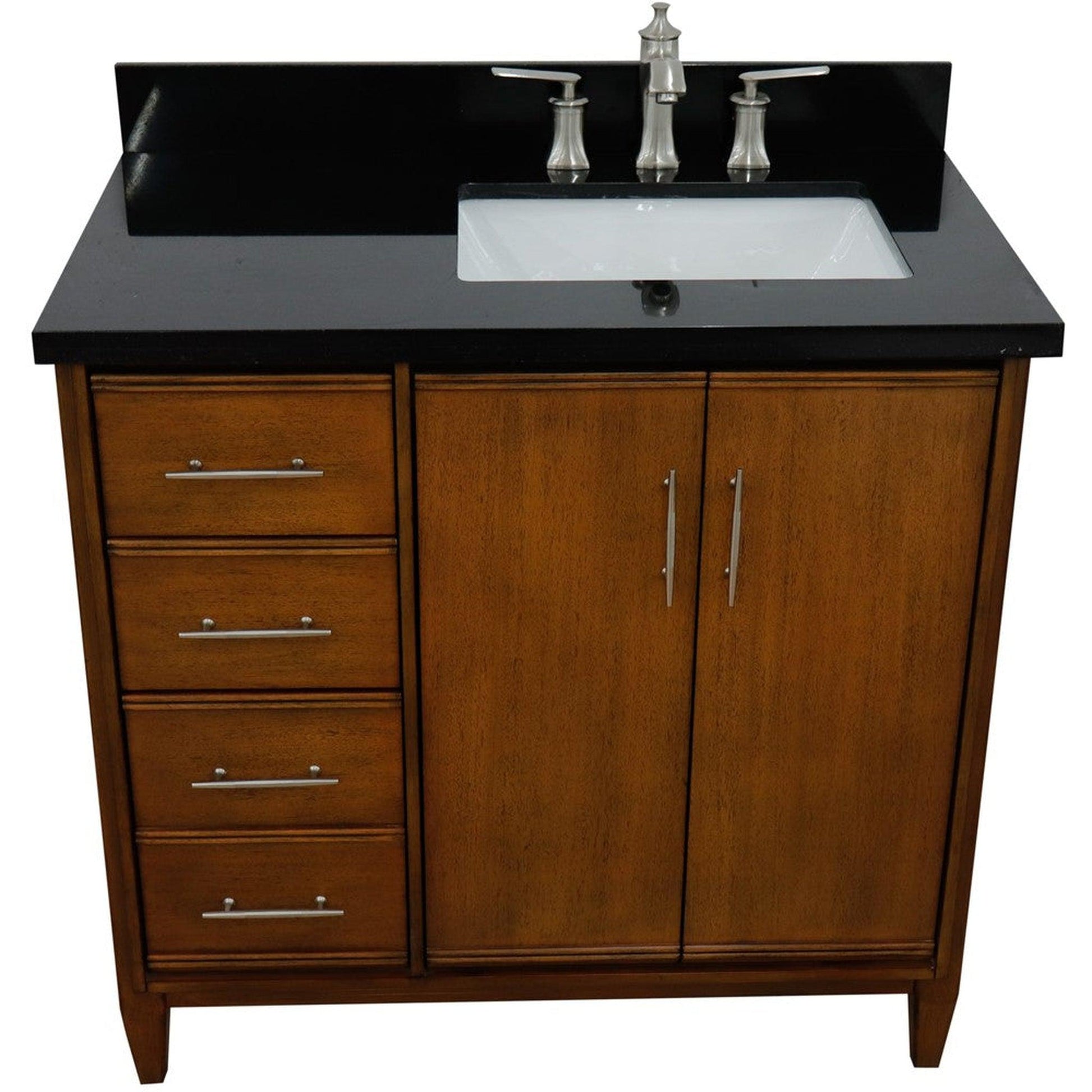 Bellaterra Home MCM 37" 2-Door 3-Drawer Walnut Freestanding Vanity Set With Ceramic Right Undermount Rectangular Sink and Black Galaxy Granite Top, and Right Door Cabinet