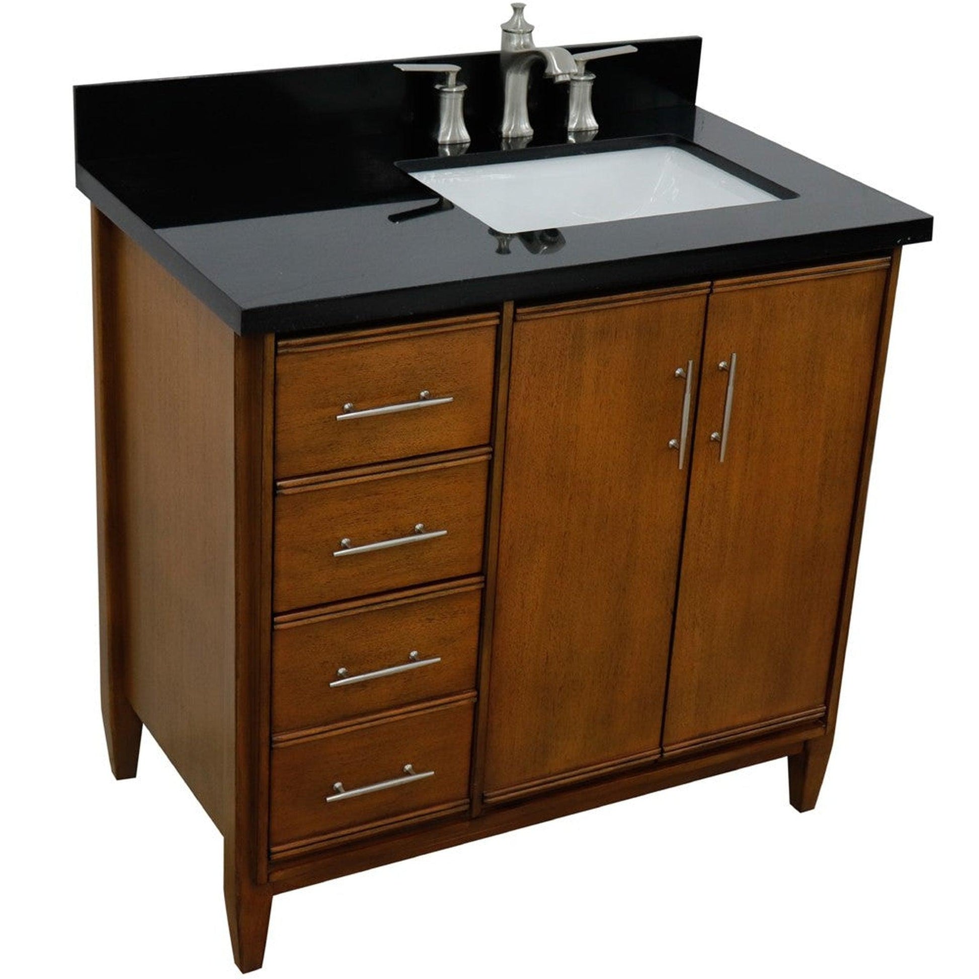 Bellaterra Home MCM 37" 2-Door 3-Drawer Walnut Freestanding Vanity Set With Ceramic Right Undermount Rectangular Sink and Black Galaxy Granite Top, and Right Door Cabinet