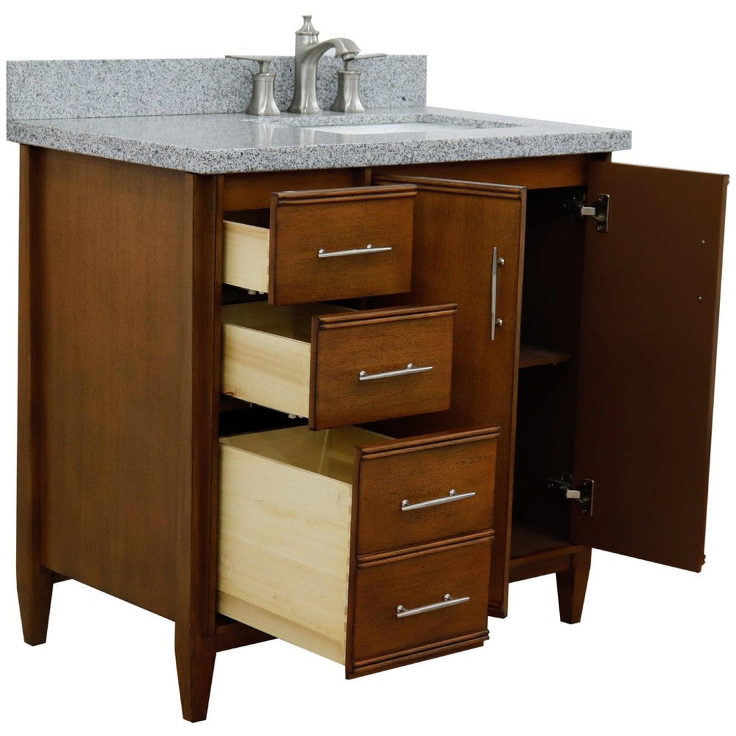 Bellaterra Home MCM 37" 2-Door 3-Drawer Walnut Freestanding Vanity Set With Ceramic Right Undermount Rectangular Sink and Gray Granite Top, and Right Door Cabinet