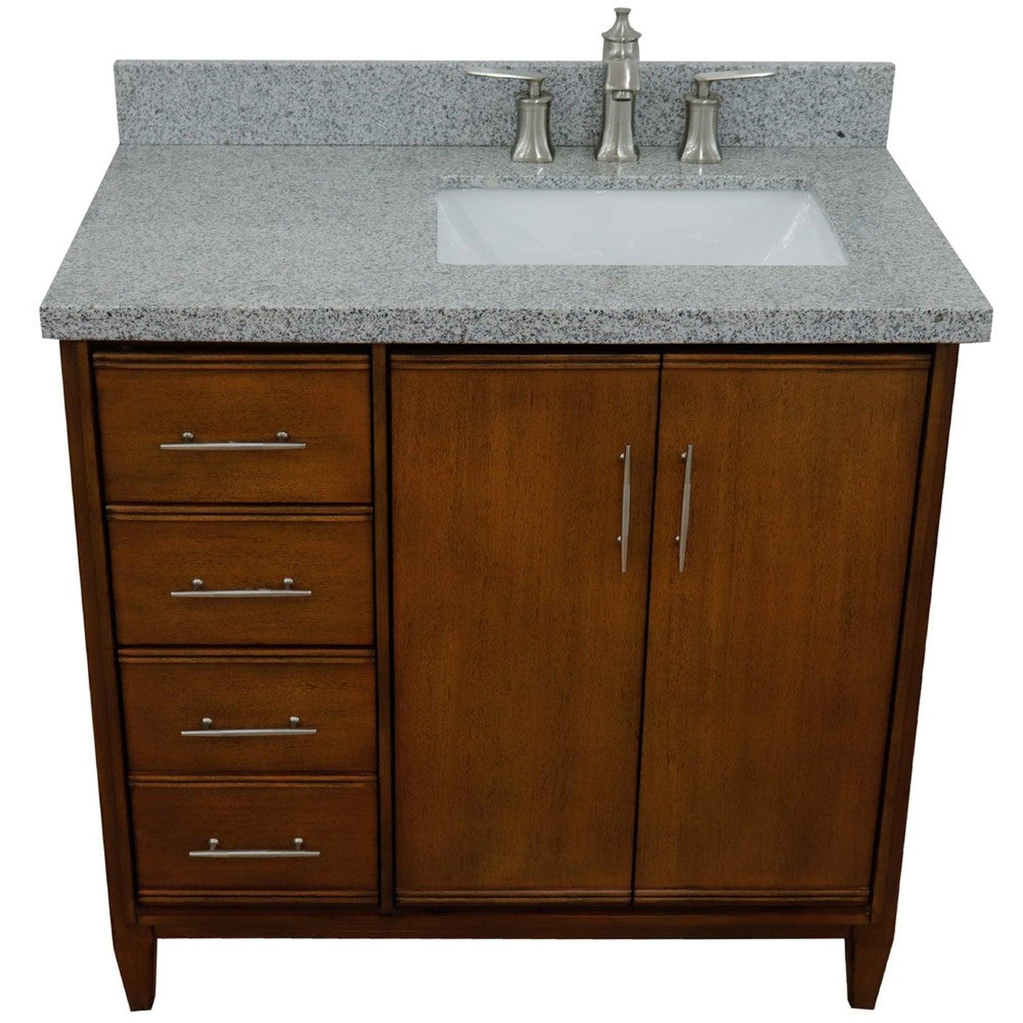 Bellaterra Home MCM 37" 2-Door 3-Drawer Walnut Freestanding Vanity Set With Ceramic Right Undermount Rectangular Sink and Gray Granite Top, and Right Door Cabinet