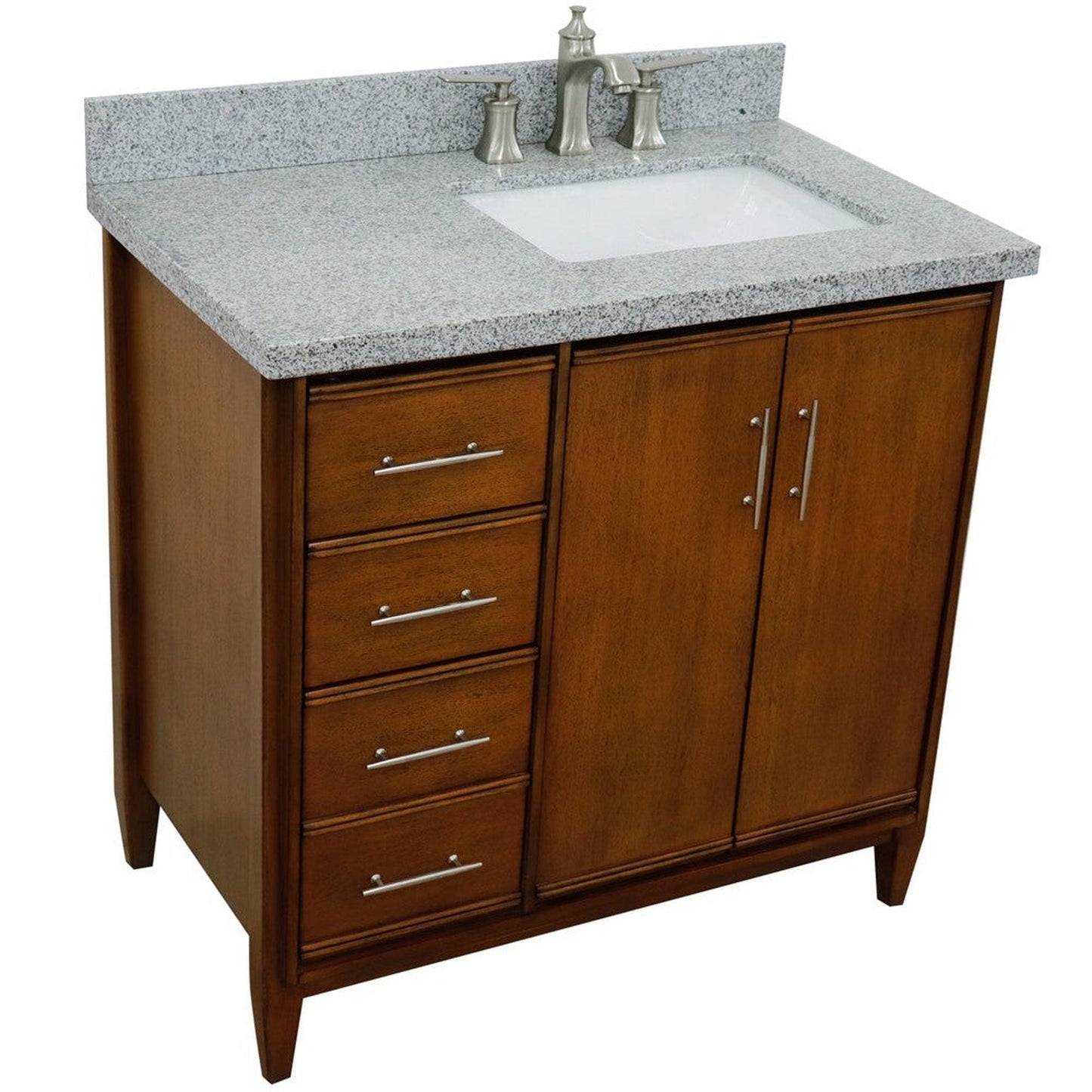 Bellaterra Home MCM 37" 2-Door 3-Drawer Walnut Freestanding Vanity Set With Ceramic Right Undermount Rectangular Sink and Gray Granite Top, and Right Door Cabinet