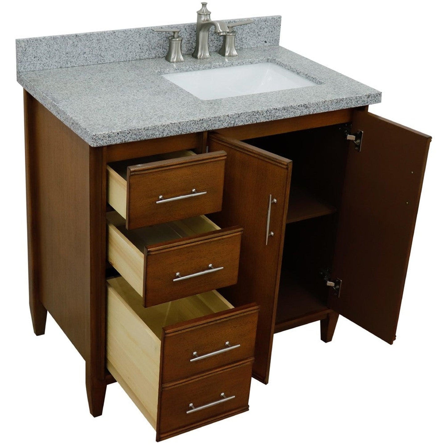 Bellaterra Home MCM 37" 2-Door 3-Drawer Walnut Freestanding Vanity Set With Ceramic Right Undermount Rectangular Sink and Gray Granite Top, and Right Door Cabinet