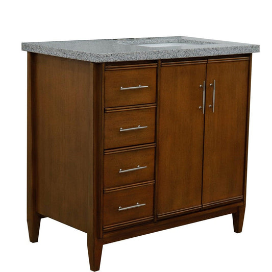 Bellaterra Home MCM 37" 2-Door 3-Drawer Walnut Freestanding Vanity Set With Ceramic Right Undermount Rectangular Sink and Gray Granite Top, and Right Door Cabinet