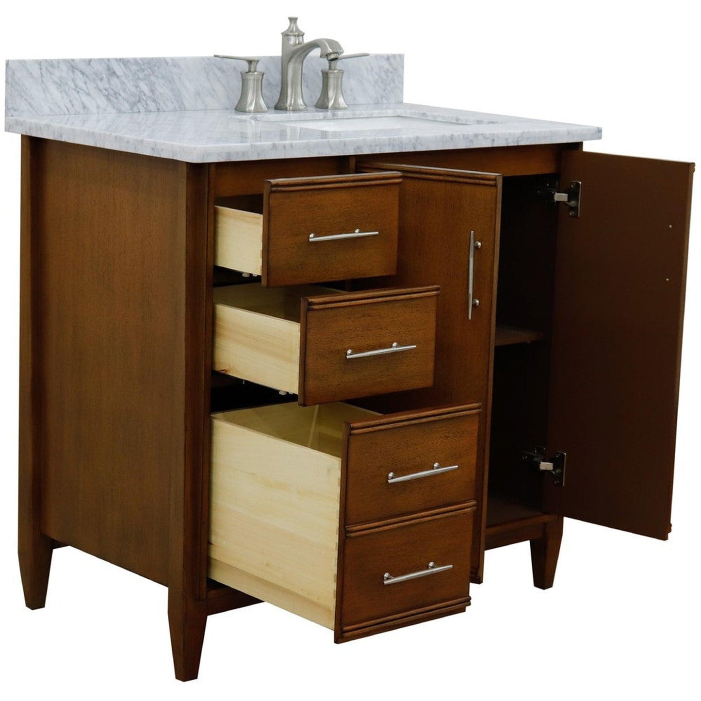 Bellaterra Home MCM 37" 2-Door 3-Drawer Walnut Freestanding Vanity Set With Ceramic Right Undermount Rectangular Sink and White Carrara Marble Top, and Right Door Cabinet