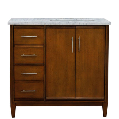 Bellaterra Home MCM 37" 2-Door 3-Drawer Walnut Freestanding Vanity Set With Ceramic Right Undermount Rectangular Sink and White Carrara Marble Top, and Right Door Cabinet