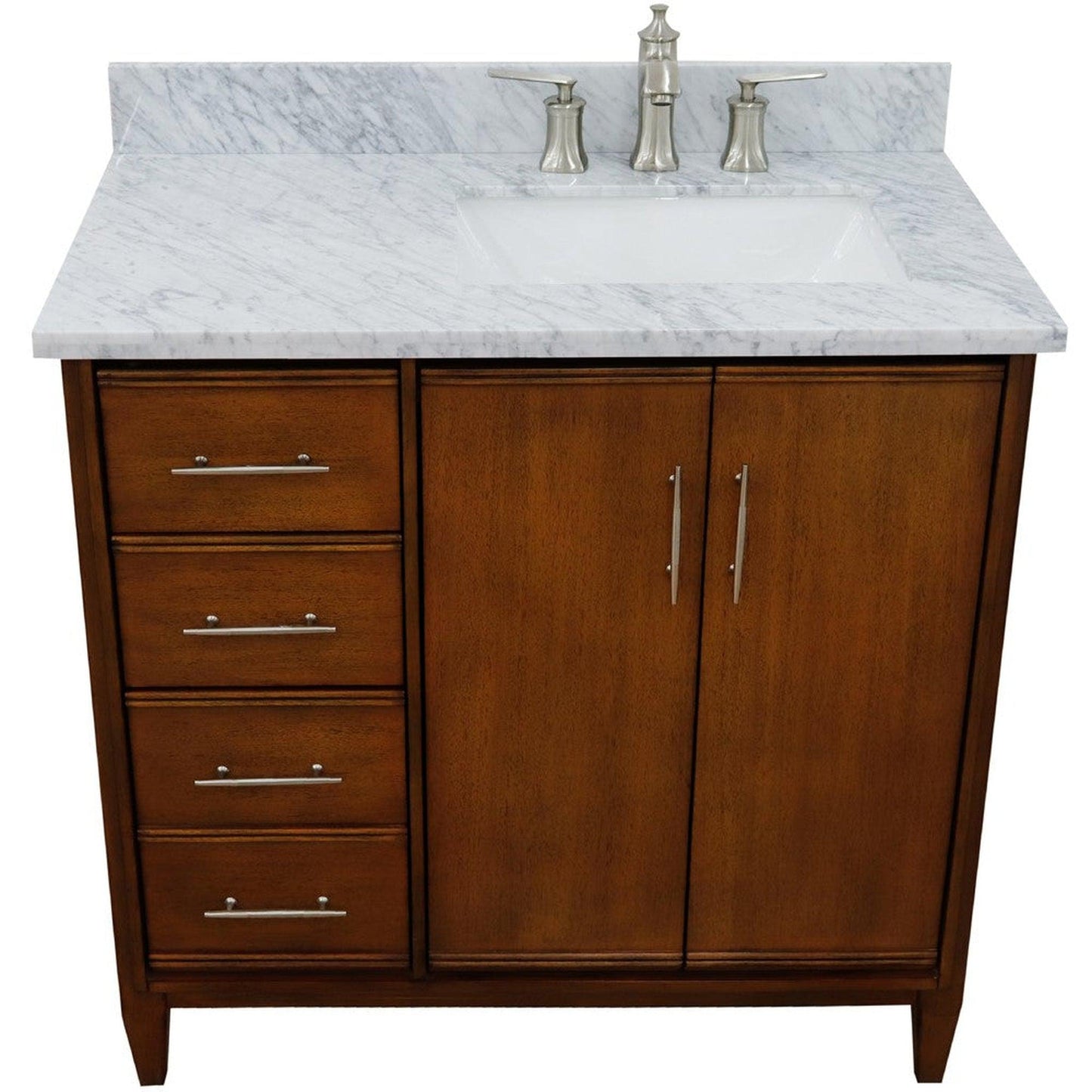 Bellaterra Home MCM 37" 2-Door 3-Drawer Walnut Freestanding Vanity Set With Ceramic Right Undermount Rectangular Sink and White Carrara Marble Top, and Right Door Cabinet