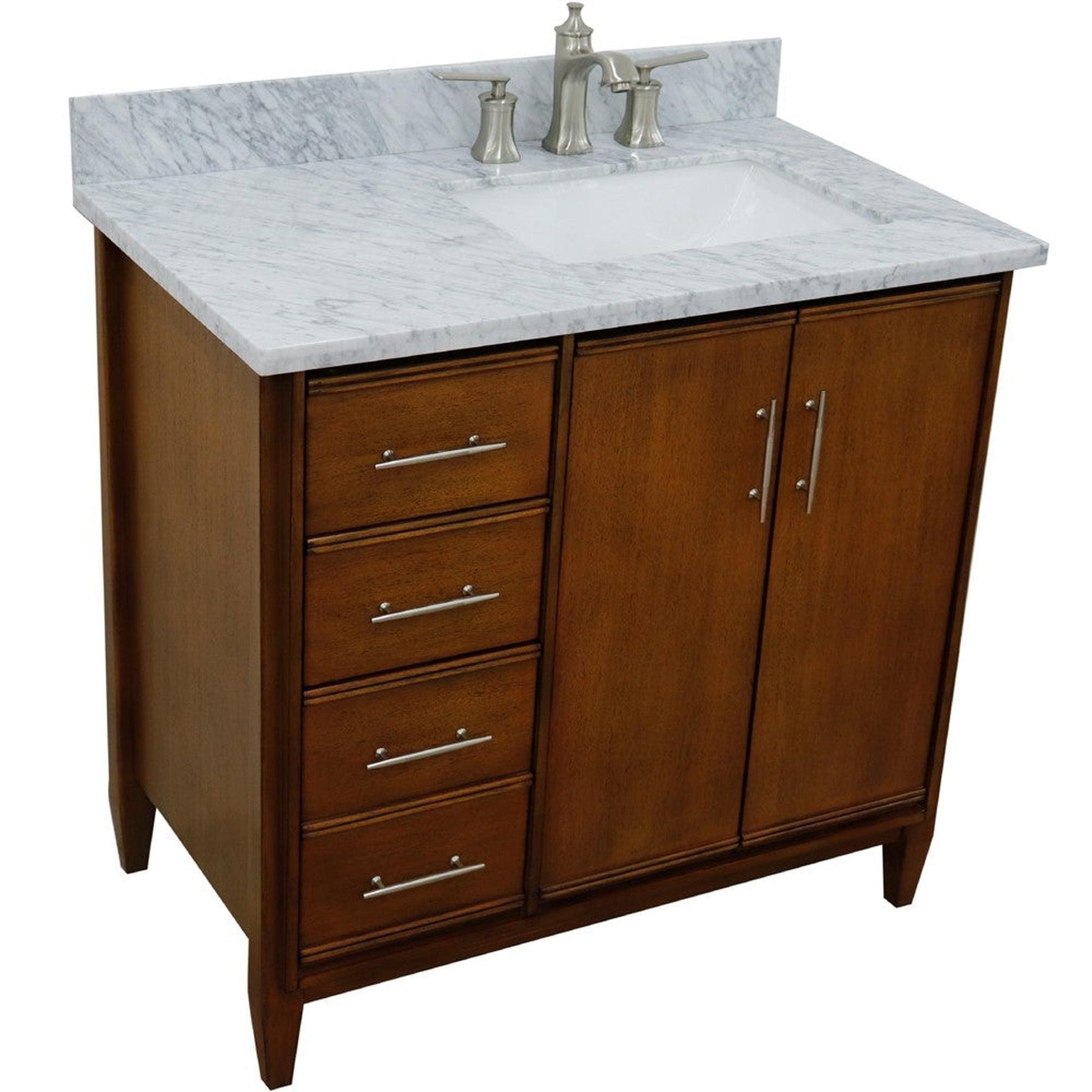 Bellaterra Home MCM 37" 2-Door 3-Drawer Walnut Freestanding Vanity Set With Ceramic Right Undermount Rectangular Sink and White Carrara Marble Top, and Right Door Cabinet