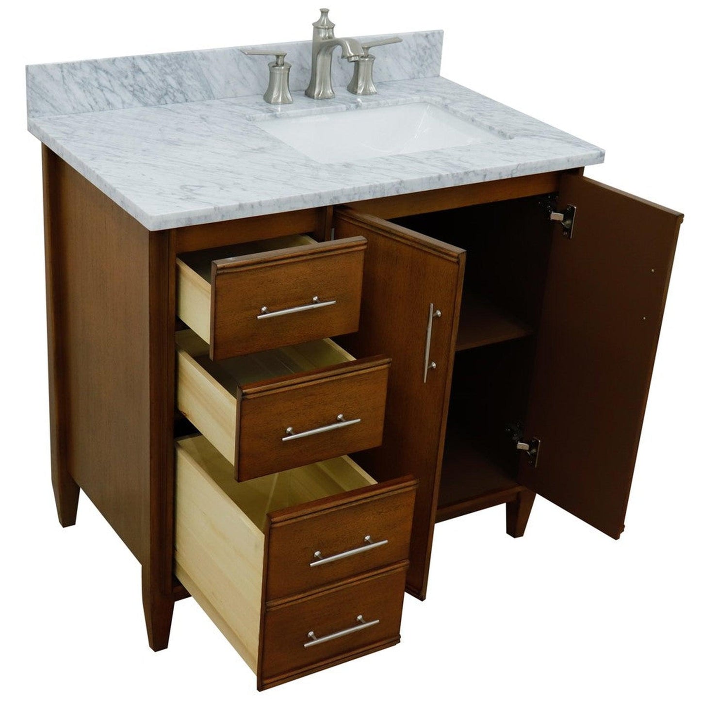 Bellaterra Home MCM 37" 2-Door 3-Drawer Walnut Freestanding Vanity Set With Ceramic Right Undermount Rectangular Sink and White Carrara Marble Top, and Right Door Cabinet