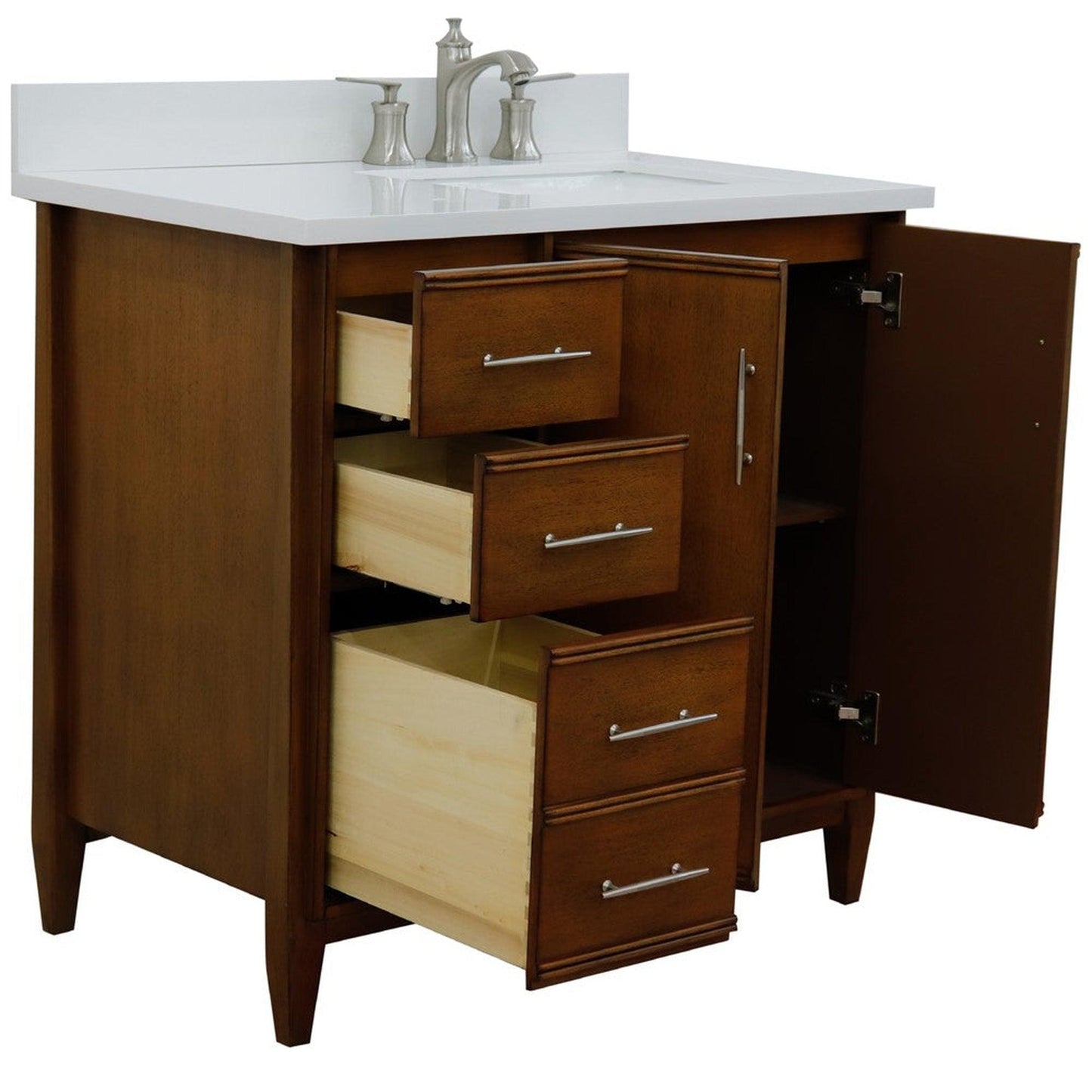 Bellaterra Home MCM 37" 2-Door 3-Drawer Walnut Freestanding Vanity Set With Ceramic Right Undermount Rectangular Sink and White Quartz Top, and Right Door Cabinet