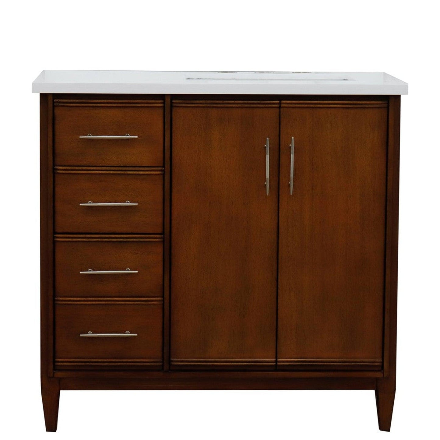 Bellaterra Home MCM 37" 2-Door 3-Drawer Walnut Freestanding Vanity Set With Ceramic Right Undermount Rectangular Sink and White Quartz Top, and Right Door Cabinet