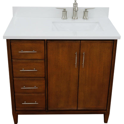 Bellaterra Home MCM 37" 2-Door 3-Drawer Walnut Freestanding Vanity Set With Ceramic Right Undermount Rectangular Sink and White Quartz Top, and Right Door Cabinet