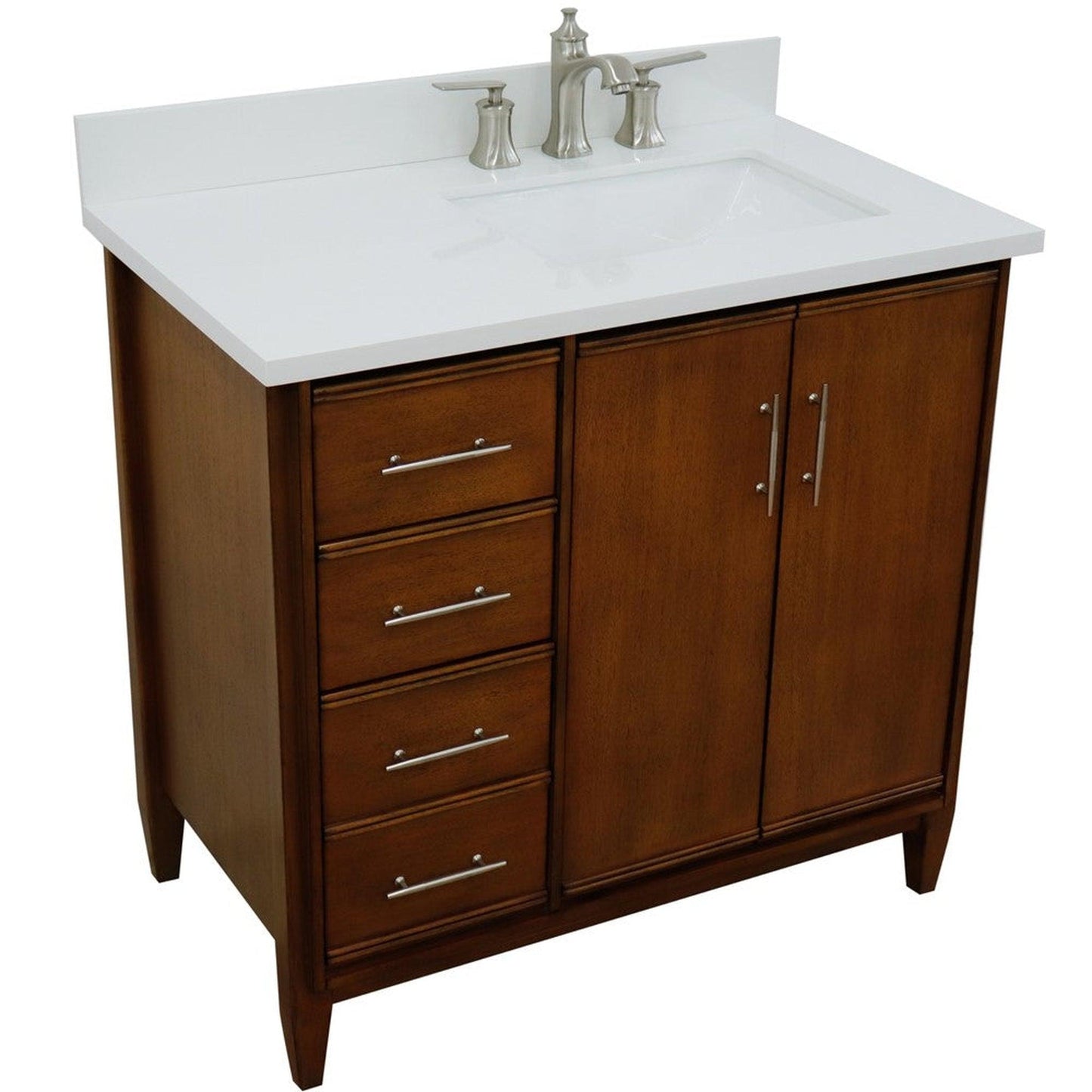 Bellaterra Home MCM 37" 2-Door 3-Drawer Walnut Freestanding Vanity Set With Ceramic Right Undermount Rectangular Sink and White Quartz Top, and Right Door Cabinet