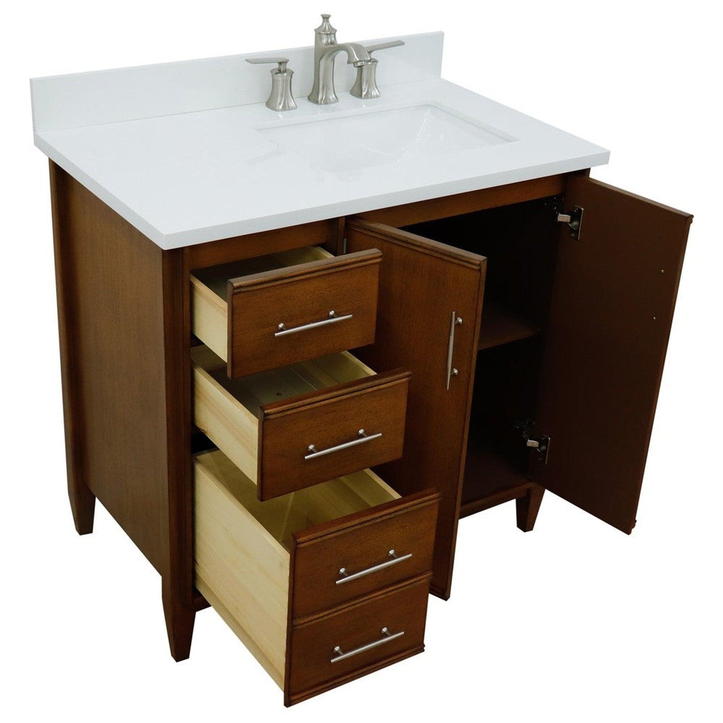 Bellaterra Home MCM 37" 2-Door 3-Drawer Walnut Freestanding Vanity Set With Ceramic Right Undermount Rectangular Sink and White Quartz Top, and Right Door Cabinet