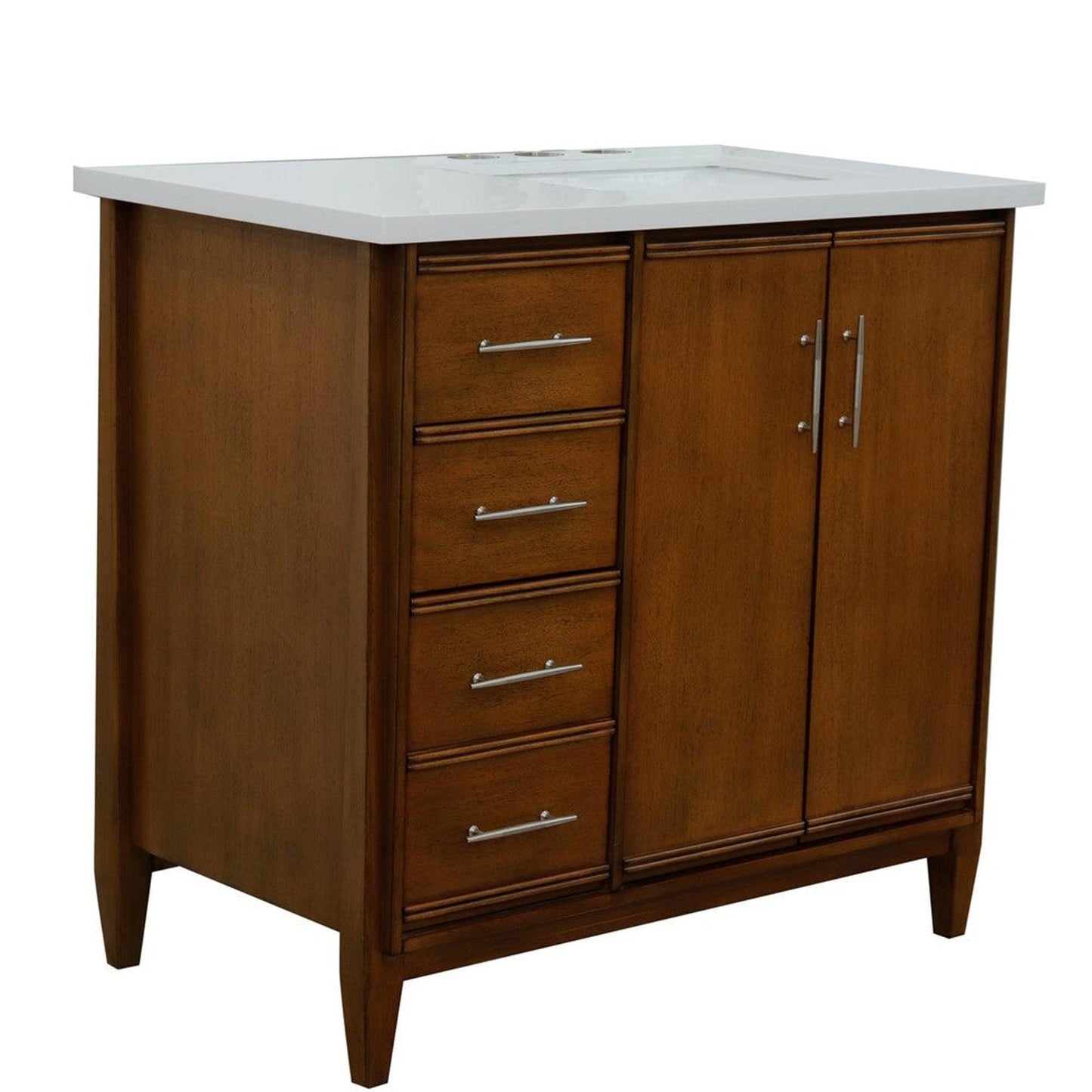 Bellaterra Home MCM 37" 2-Door 3-Drawer Walnut Freestanding Vanity Set With Ceramic Right Undermount Rectangular Sink and White Quartz Top, and Right Door Cabinet