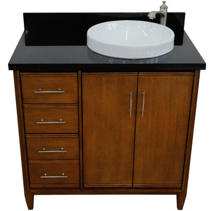 Bellaterra Home MCM 37" 2-Door 3-Drawer Walnut Freestanding Vanity Set With Ceramic Right Vessel Sink and Black Galaxy Granite Top, and Right Door Cabinet