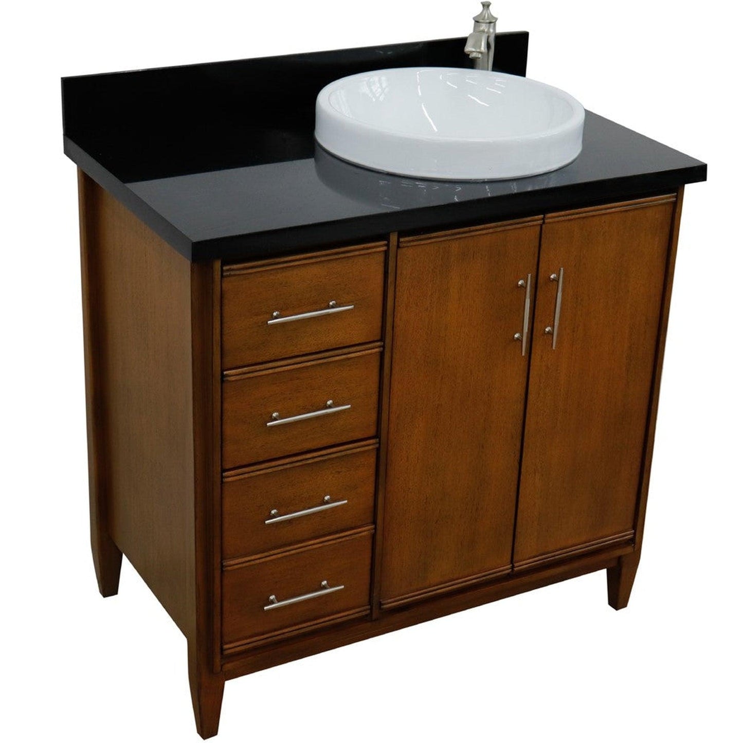 Bellaterra Home MCM 37" 2-Door 3-Drawer Walnut Freestanding Vanity Set With Ceramic Right Vessel Sink and Black Galaxy Granite Top, and Right Door Cabinet