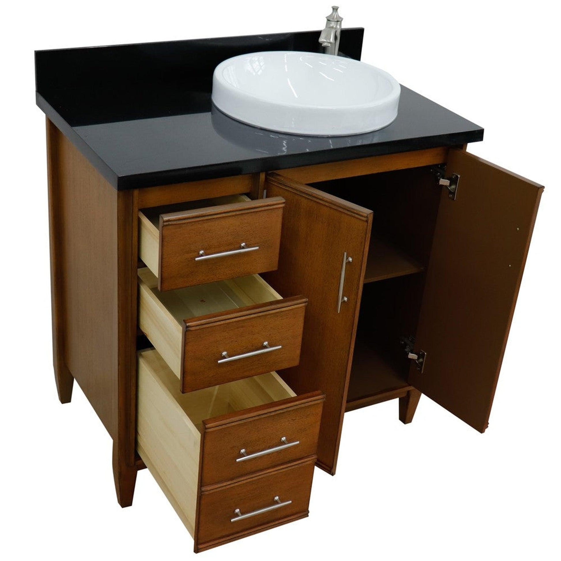 Bellaterra Home MCM 37" 2-Door 3-Drawer Walnut Freestanding Vanity Set With Ceramic Right Vessel Sink and Black Galaxy Granite Top, and Right Door Cabinet