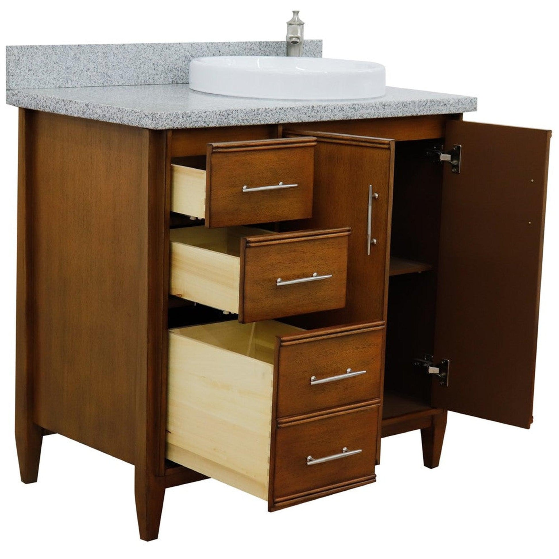 Bellaterra Home MCM 37" 2-Door 3-Drawer Walnut Freestanding Vanity Set With Ceramic Right Vessel Sink and Gray Granite Top, and Right Door Cabinet