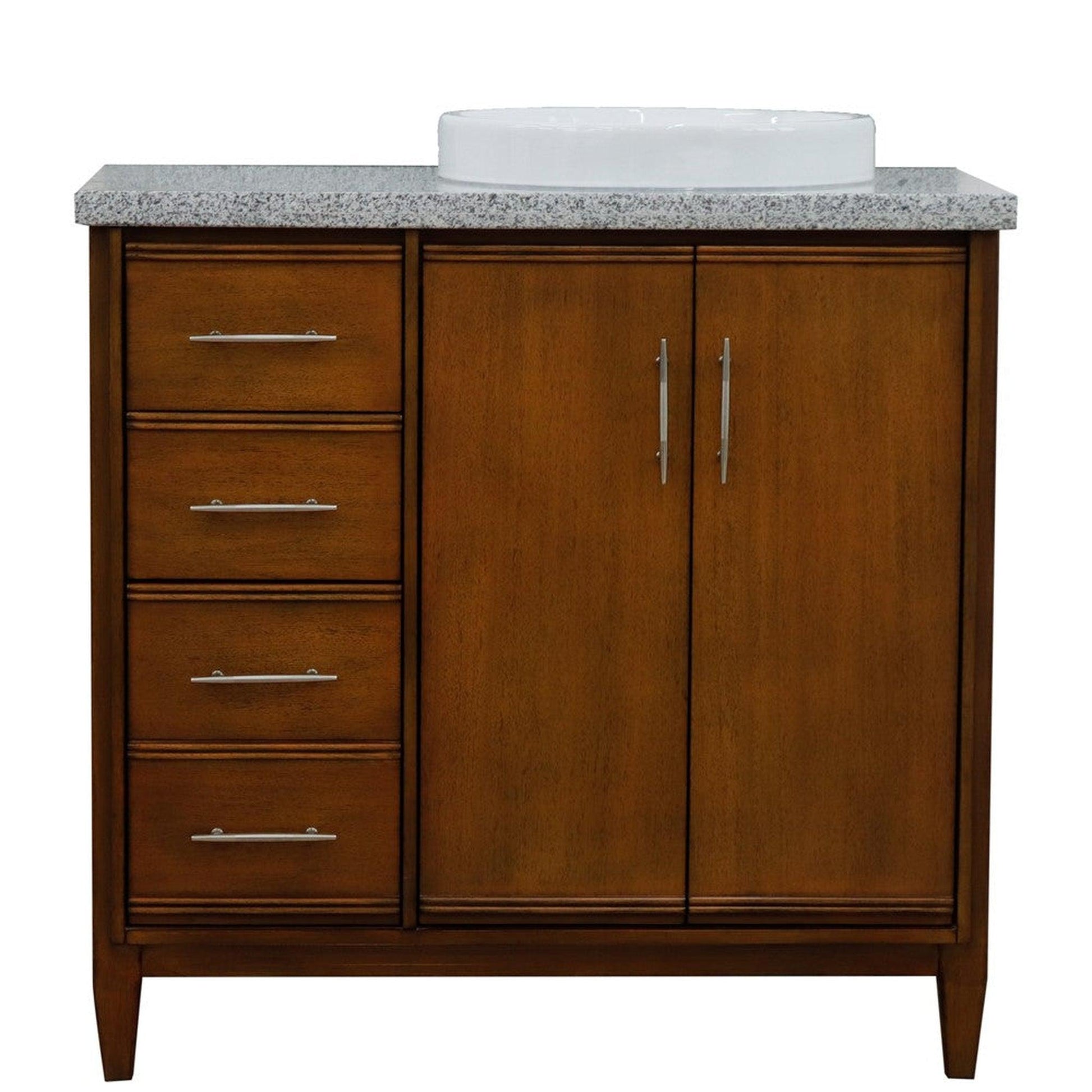 Bellaterra Home MCM 37" 2-Door 3-Drawer Walnut Freestanding Vanity Set With Ceramic Right Vessel Sink and Gray Granite Top, and Right Door Cabinet