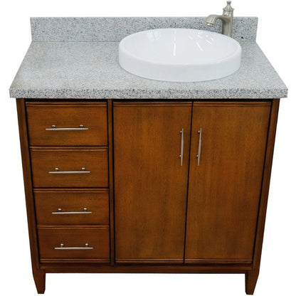 Bellaterra Home MCM 37" 2-Door 3-Drawer Walnut Freestanding Vanity Set With Ceramic Right Vessel Sink and Gray Granite Top, and Right Door Cabinet