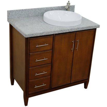 Bellaterra Home MCM 37" 2-Door 3-Drawer Walnut Freestanding Vanity Set With Ceramic Right Vessel Sink and Gray Granite Top, and Right Door Cabinet