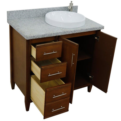 Bellaterra Home MCM 37" 2-Door 3-Drawer Walnut Freestanding Vanity Set With Ceramic Right Vessel Sink and Gray Granite Top, and Right Door Cabinet