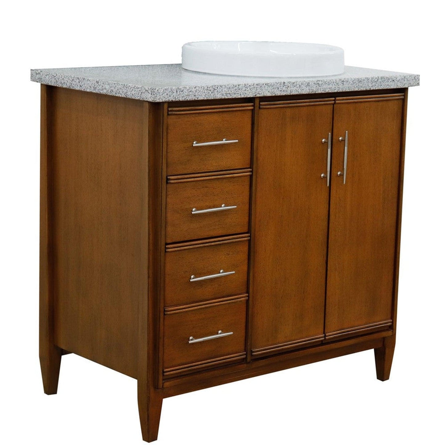 Bellaterra Home MCM 37" 2-Door 3-Drawer Walnut Freestanding Vanity Set With Ceramic Right Vessel Sink and Gray Granite Top, and Right Door Cabinet