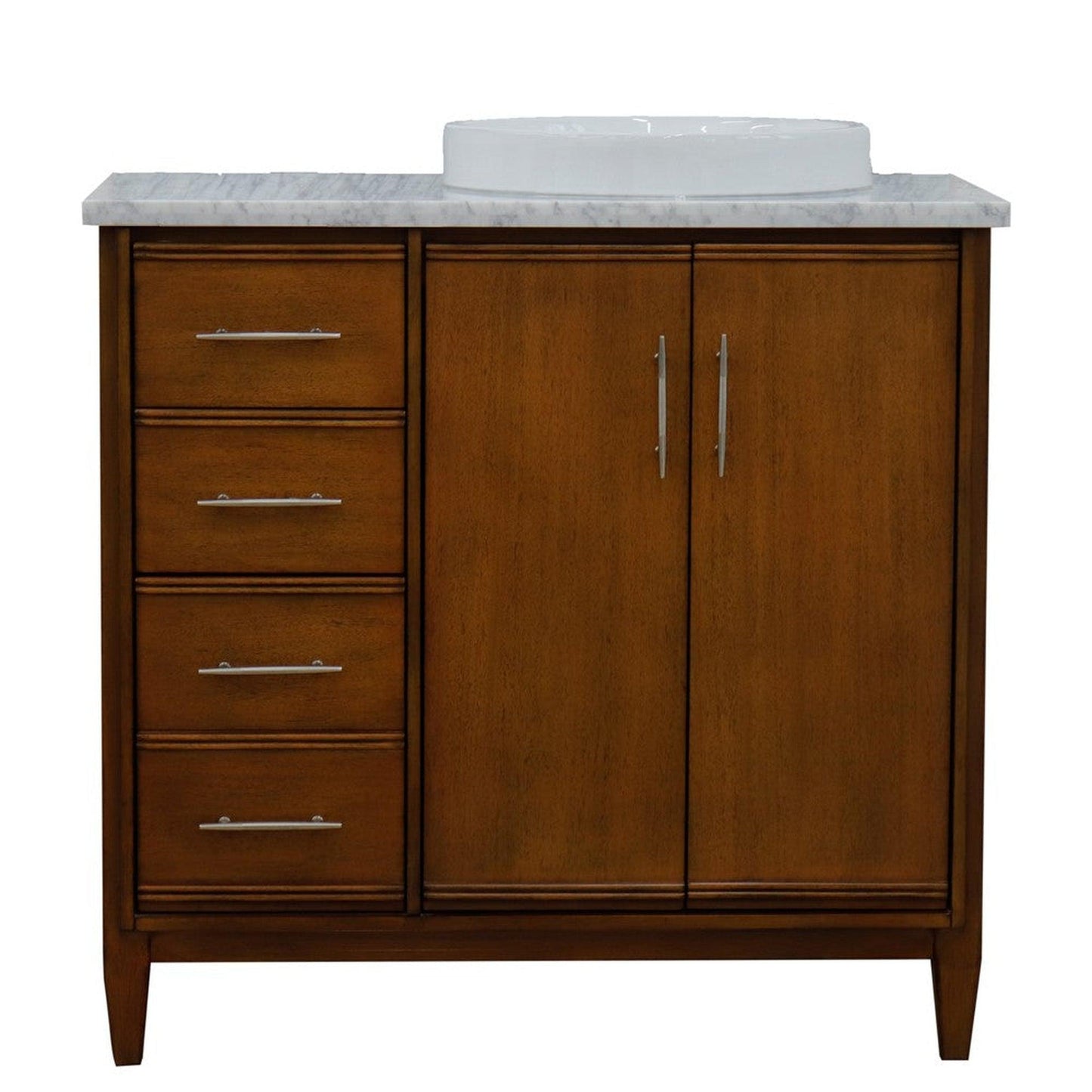 Bellaterra Home MCM 37" 2-Door 3-Drawer Walnut Freestanding Vanity Set With Ceramic Right Vessel Sink and White Carrara Marble Top, and Right Door Cabinet