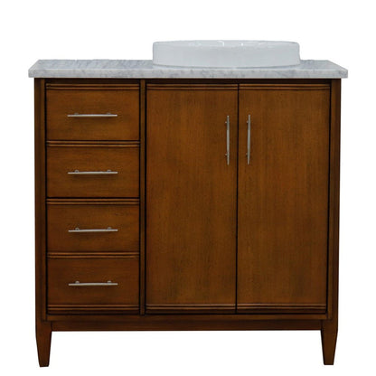 Bellaterra Home MCM 37" 2-Door 3-Drawer Walnut Freestanding Vanity Set With Ceramic Right Vessel Sink and White Carrara Marble Top, and Right Door Cabinet