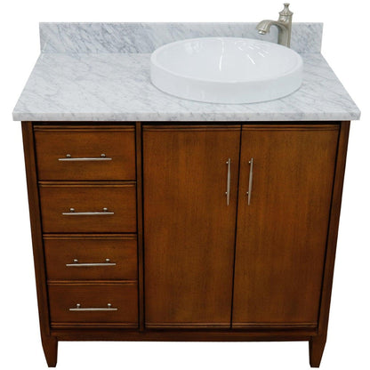 Bellaterra Home MCM 37" 2-Door 3-Drawer Walnut Freestanding Vanity Set With Ceramic Right Vessel Sink and White Carrara Marble Top, and Right Door Cabinet