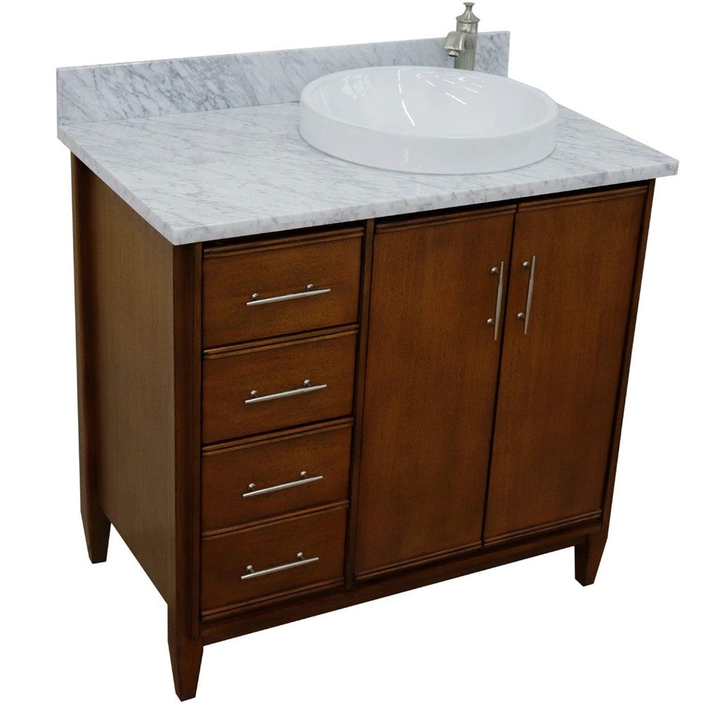 Bellaterra Home MCM 37" 2-Door 3-Drawer Walnut Freestanding Vanity Set With Ceramic Right Vessel Sink and White Carrara Marble Top, and Right Door Cabinet