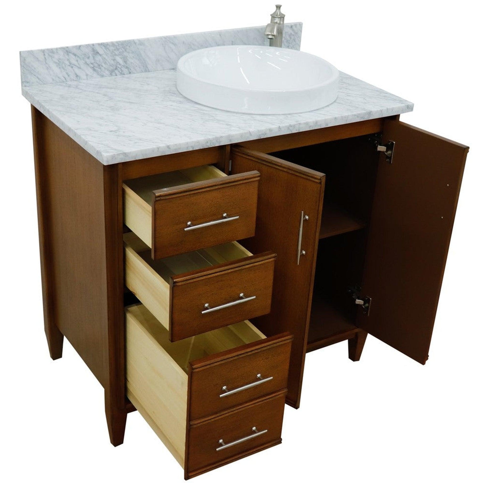 Bellaterra Home MCM 37" 2-Door 3-Drawer Walnut Freestanding Vanity Set With Ceramic Right Vessel Sink and White Carrara Marble Top, and Right Door Cabinet