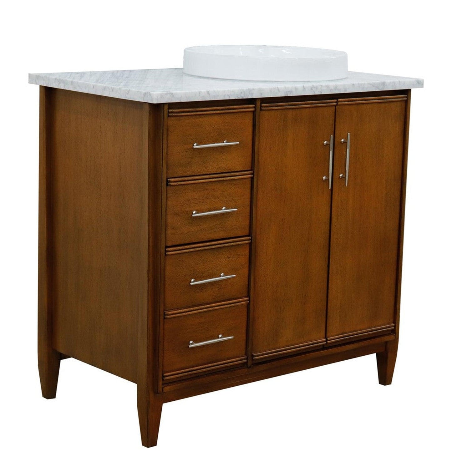 Bellaterra Home MCM 37" 2-Door 3-Drawer Walnut Freestanding Vanity Set With Ceramic Right Vessel Sink and White Carrara Marble Top, and Right Door Cabinet