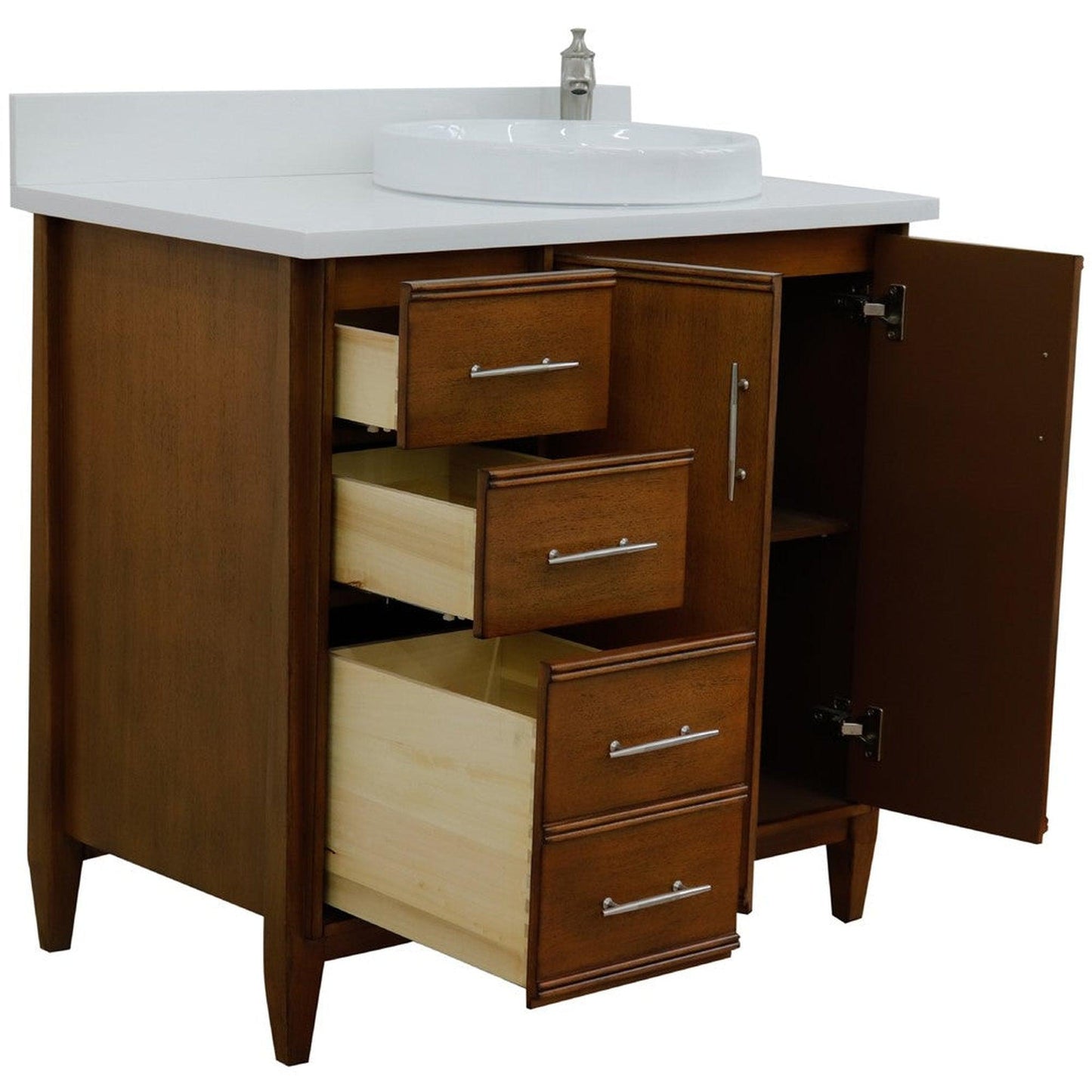 Bellaterra Home MCM 37" 2-Door 3-Drawer Walnut Freestanding Vanity Set With Ceramic Right Vessel Sink and White Quartz Top, and Right Door Cabinet