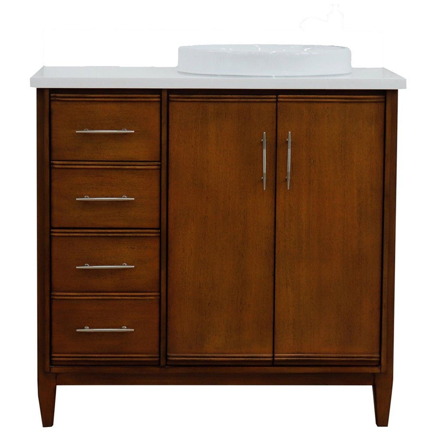 Bellaterra Home MCM 37" 2-Door 3-Drawer Walnut Freestanding Vanity Set With Ceramic Right Vessel Sink and White Quartz Top, and Right Door Cabinet