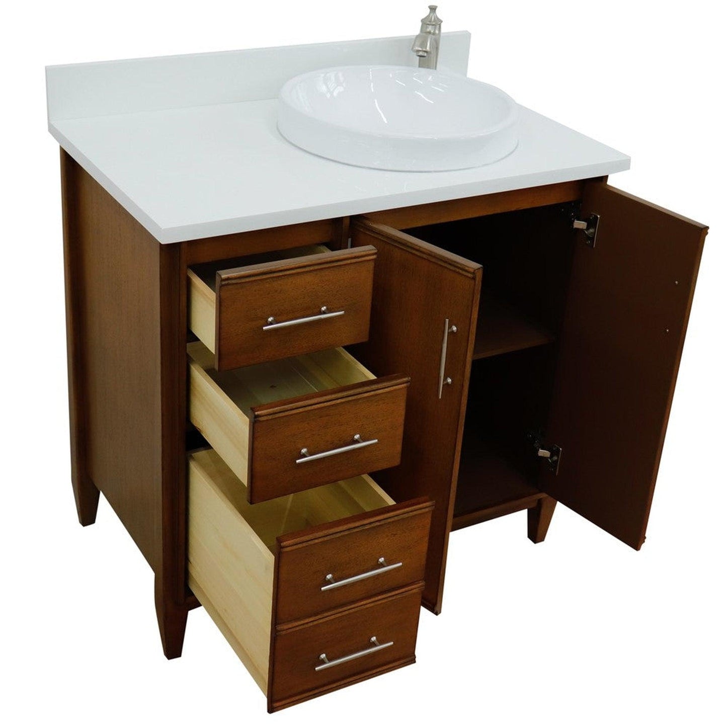 Bellaterra Home MCM 37" 2-Door 3-Drawer Walnut Freestanding Vanity Set With Ceramic Right Vessel Sink and White Quartz Top, and Right Door Cabinet