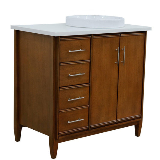 Bellaterra Home MCM 37" 2-Door 3-Drawer Walnut Freestanding Vanity Set With Ceramic Right Vessel Sink and White Quartz Top, and Right Door Cabinet