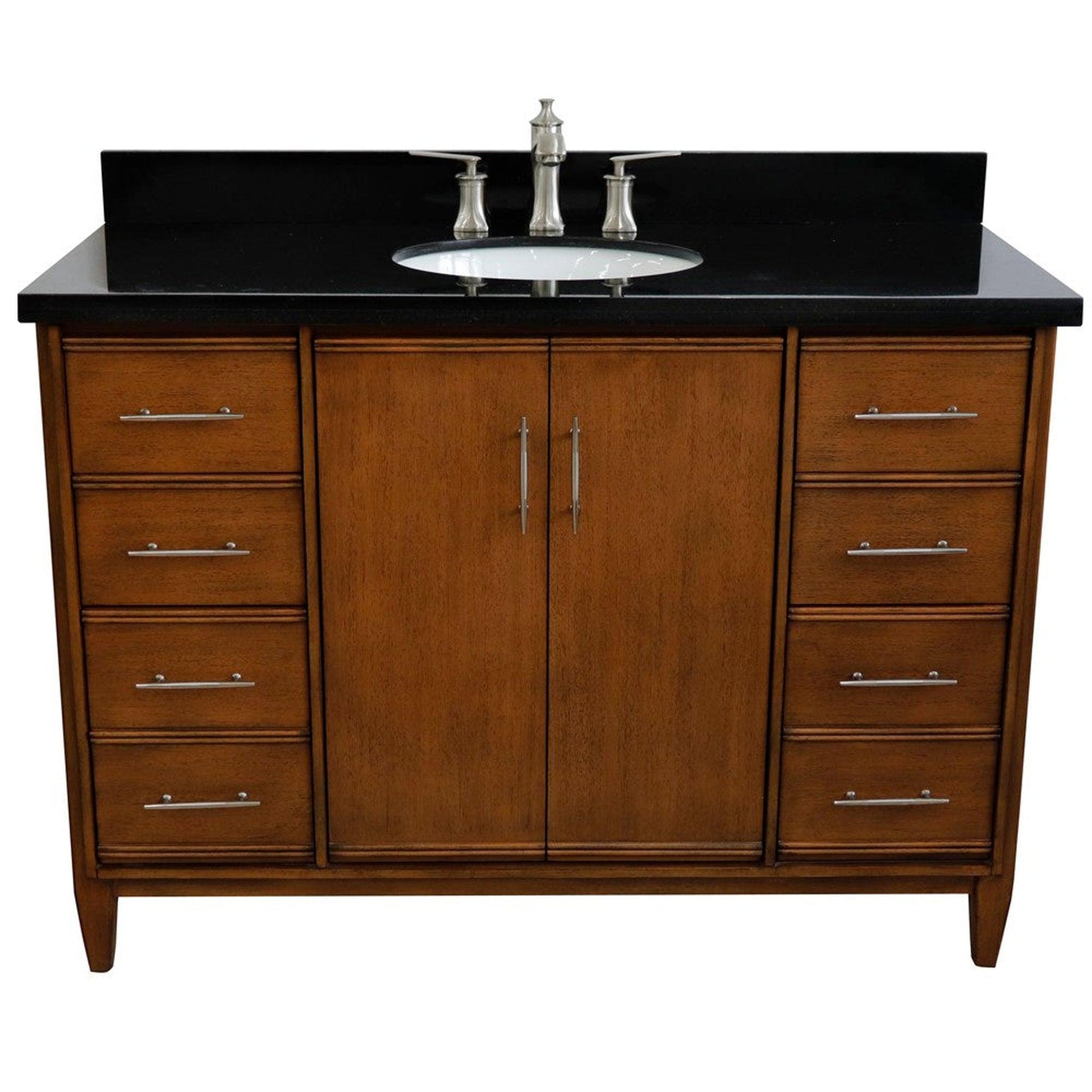 Bellaterra Home MCM 49" 2-Door 6-Drawer Walnut Freestanding Vanity Set With Ceramic Undermount Oval Sink and Black Galaxy Granite Top