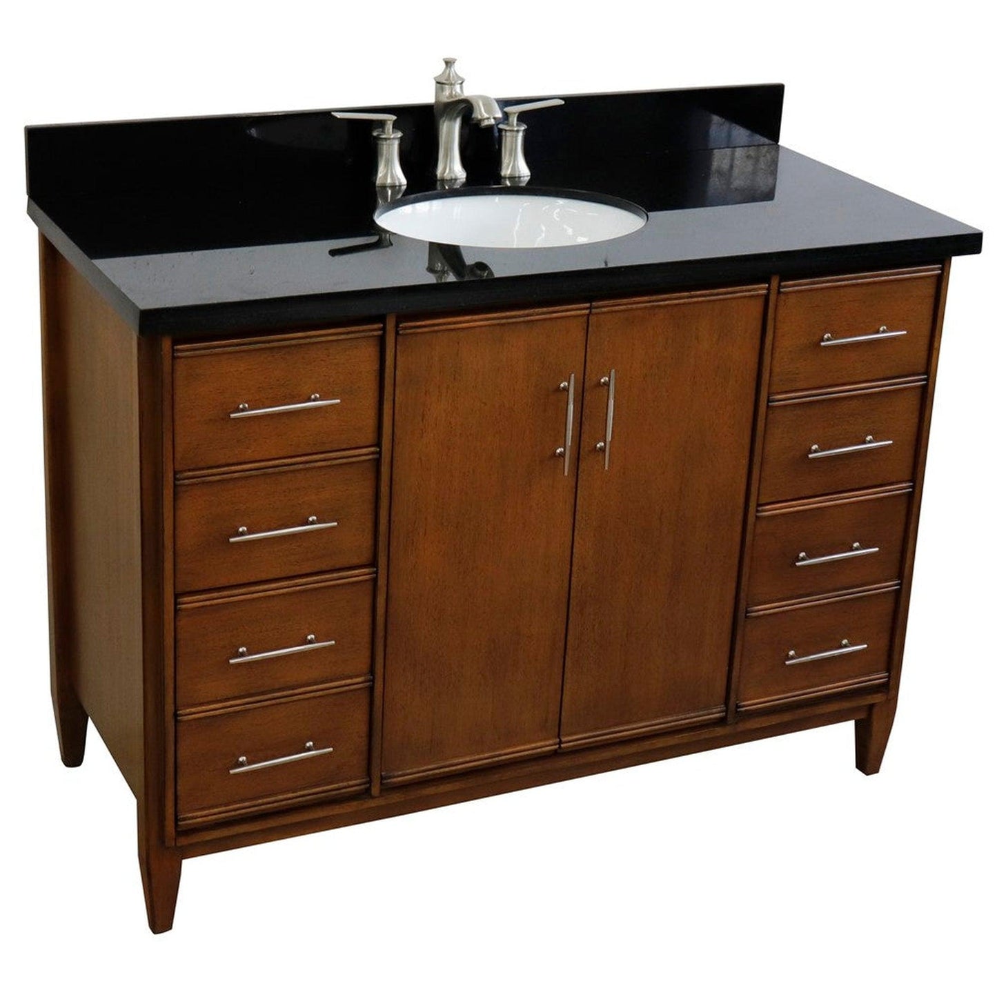 Bellaterra Home MCM 49" 2-Door 6-Drawer Walnut Freestanding Vanity Set With Ceramic Undermount Oval Sink and Black Galaxy Granite Top