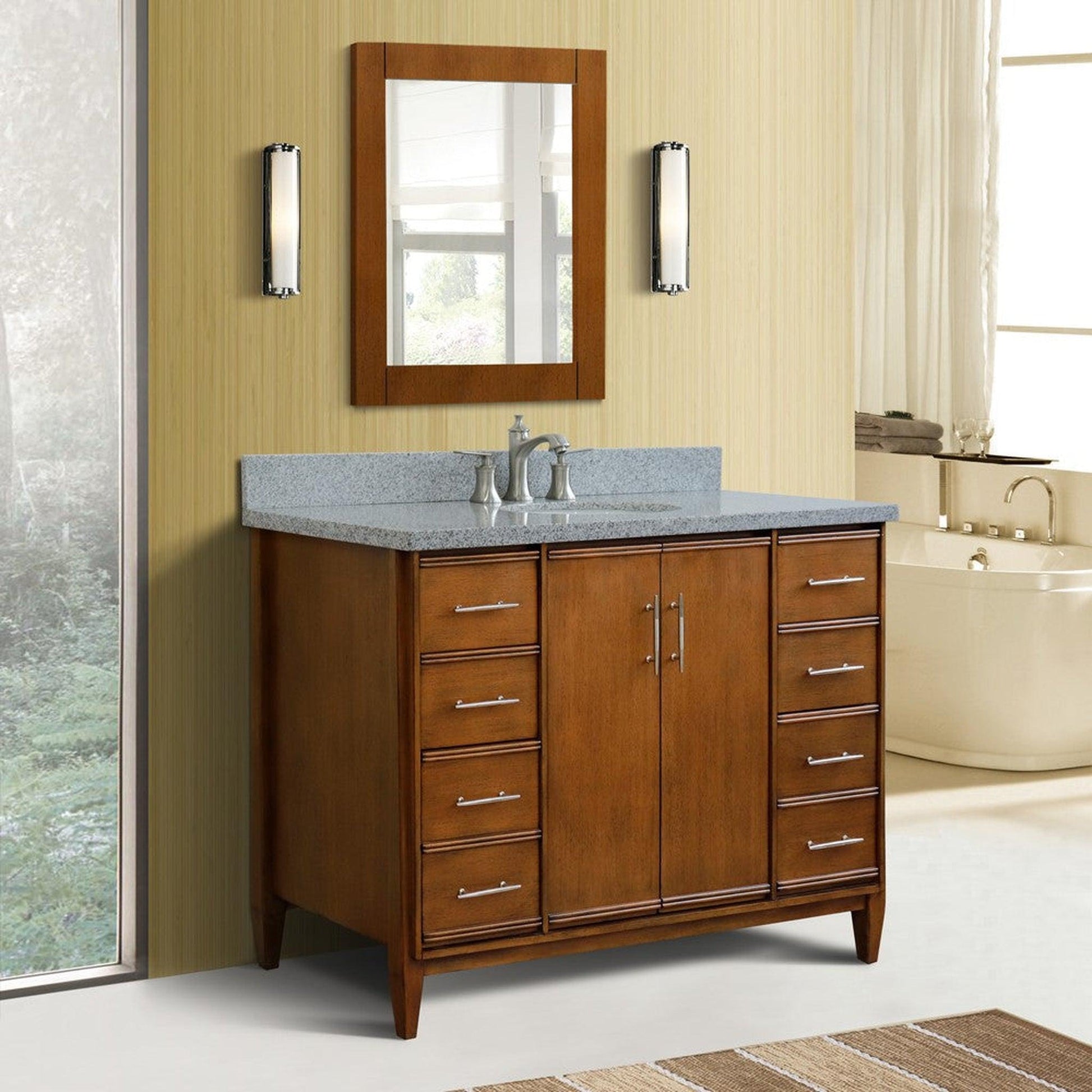 Bellaterra Home MCM 49" 2-Door 6-Drawer Walnut Freestanding Vanity Set With Ceramic Undermount Oval Sink and Gray Granite Top