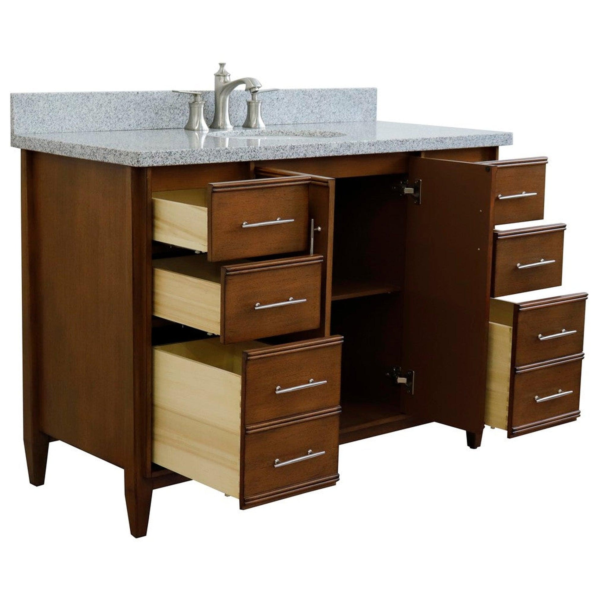 Bellaterra Home MCM 49" 2-Door 6-Drawer Walnut Freestanding Vanity Set With Ceramic Undermount Oval Sink and Gray Granite Top