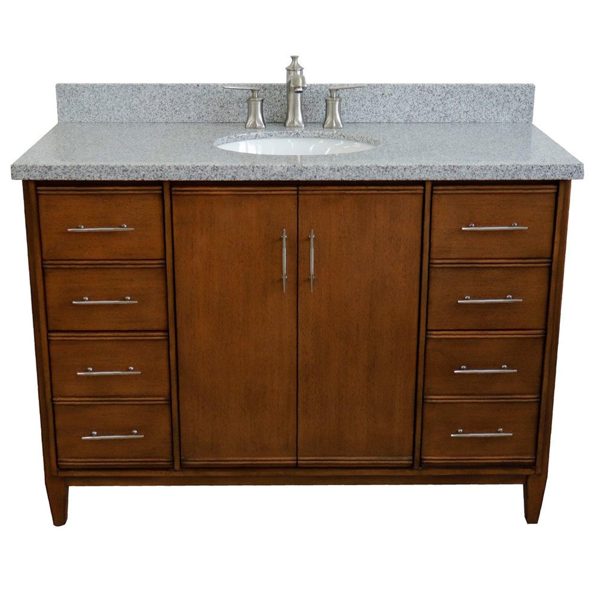 Bellaterra Home MCM 49" 2-Door 6-Drawer Walnut Freestanding Vanity Set With Ceramic Undermount Oval Sink and Gray Granite Top