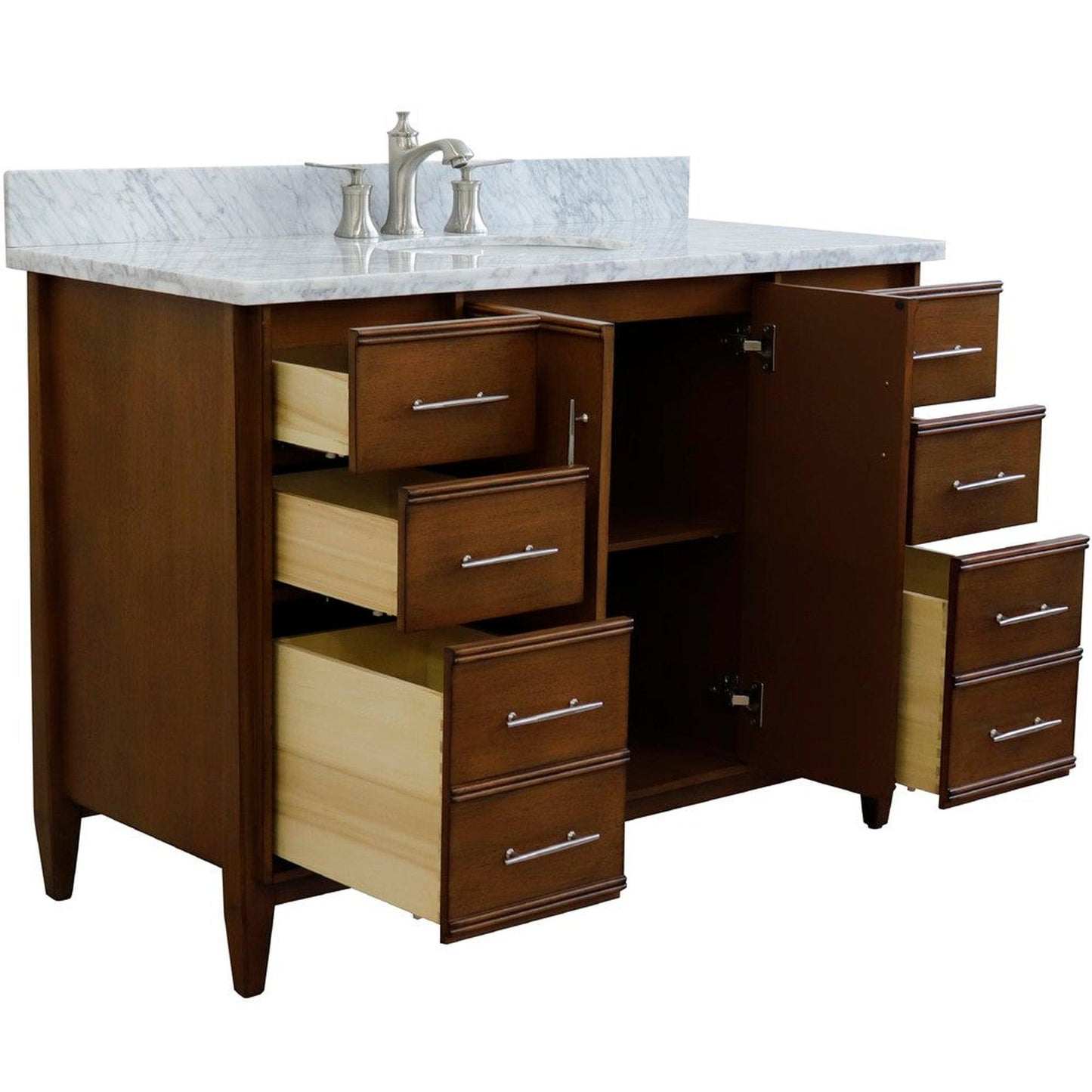 Bellaterra Home MCM 49" 2-Door 6-Drawer Walnut Freestanding Vanity Set With Ceramic Undermount Oval Sink and White Carrara Marble Top