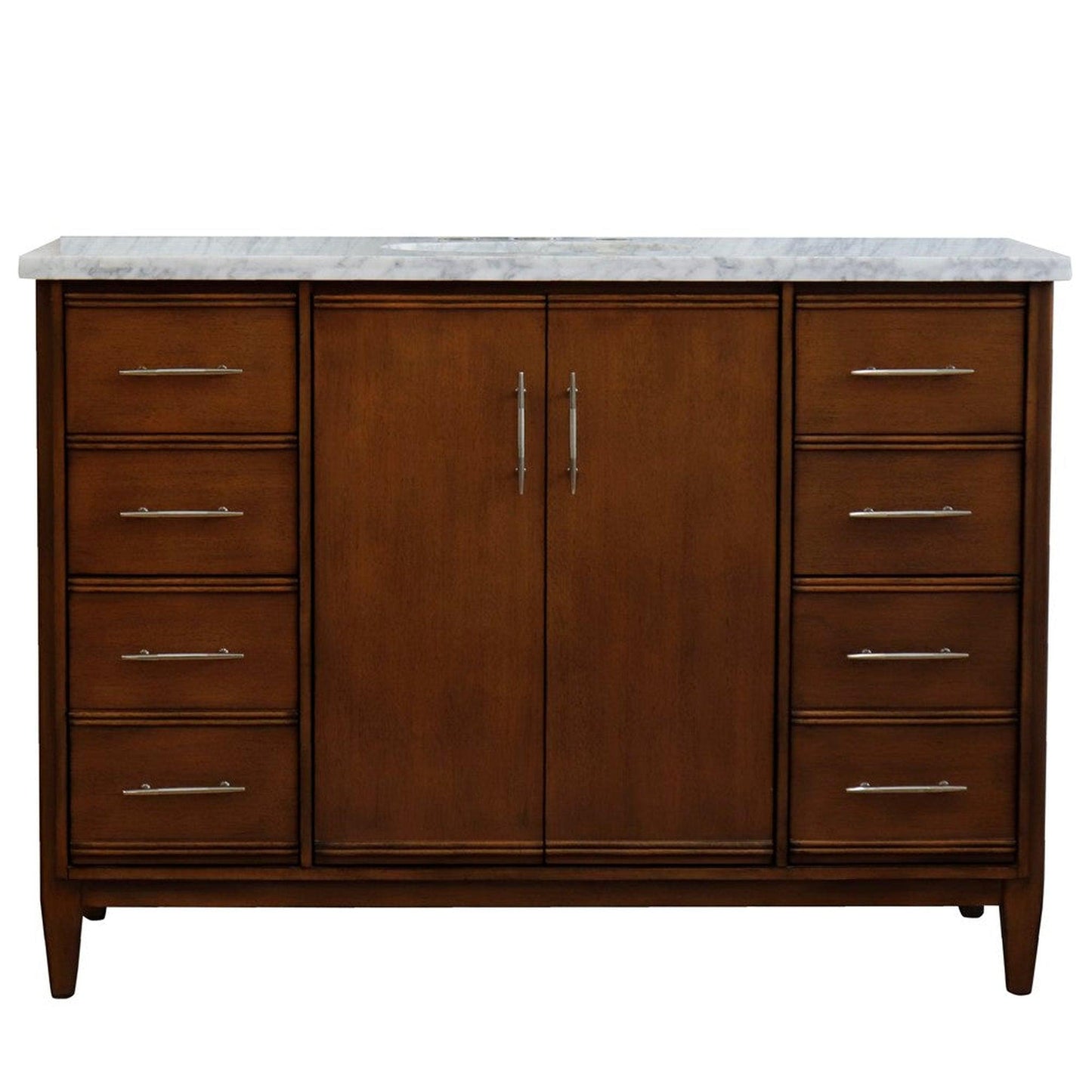 Bellaterra Home MCM 49" 2-Door 6-Drawer Walnut Freestanding Vanity Set With Ceramic Undermount Oval Sink and White Carrara Marble Top