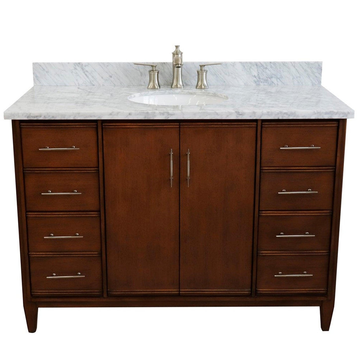 Bellaterra Home MCM 49" 2-Door 6-Drawer Walnut Freestanding Vanity Set With Ceramic Undermount Oval Sink and White Carrara Marble Top