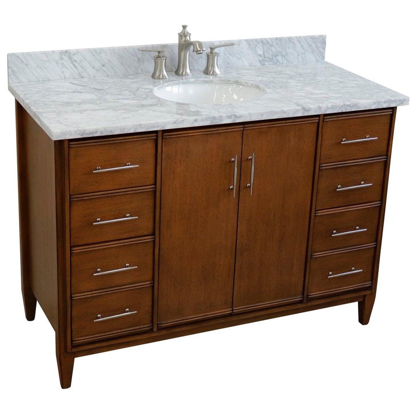 Bellaterra Home MCM 49" 2-Door 6-Drawer Walnut Freestanding Vanity Set With Ceramic Undermount Oval Sink and White Carrara Marble Top