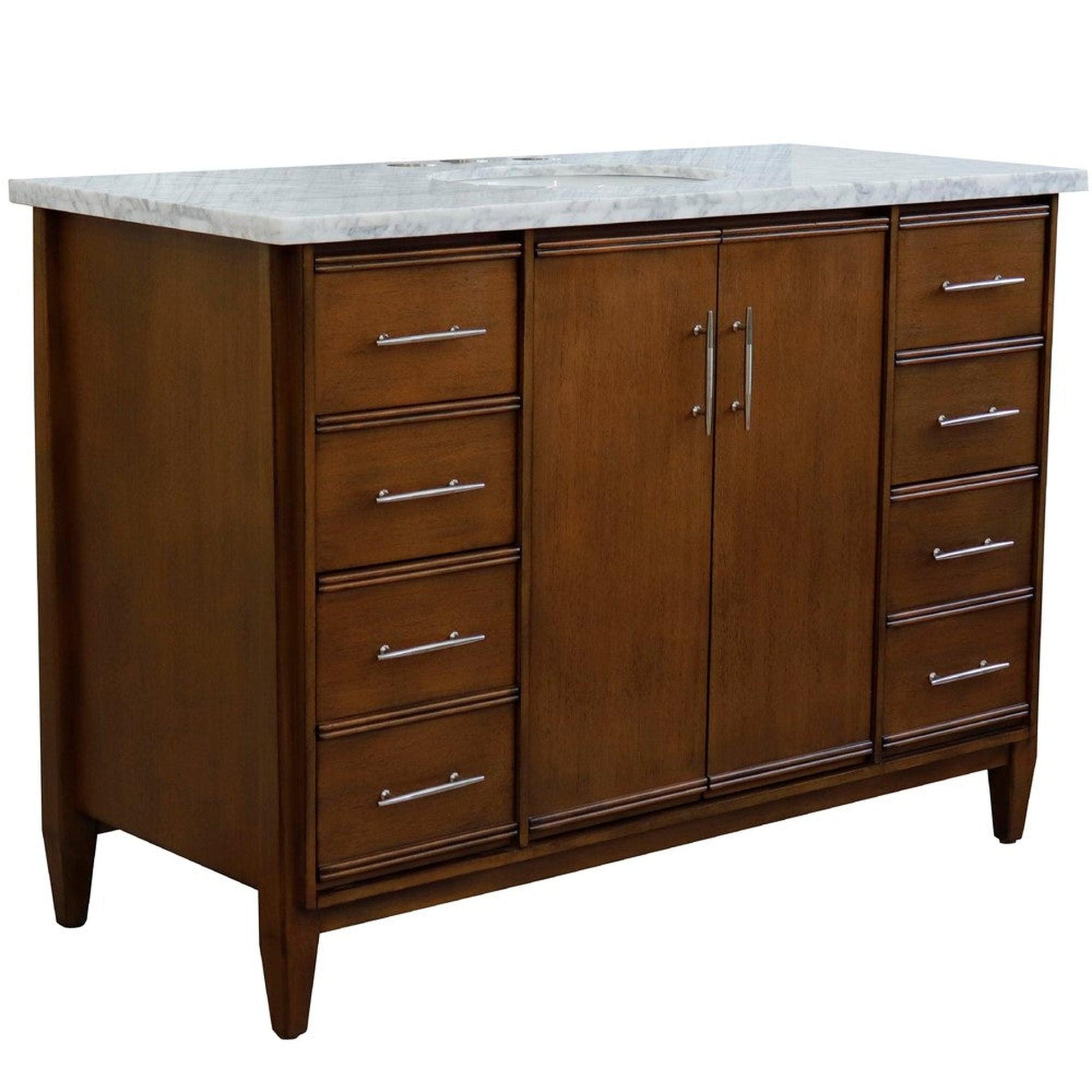 Bellaterra Home MCM 49" 2-Door 6-Drawer Walnut Freestanding Vanity Set With Ceramic Undermount Oval Sink and White Carrara Marble Top